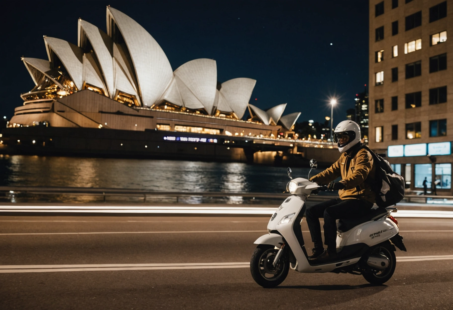 Delivery scooter racing past Sydney Opera House at night