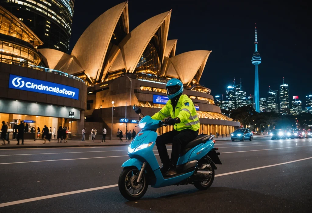 Exploring the Benefits of Same-Day and Late-Night Nang Delivery in Sydney 31 Night-time delivery scooter in Sydney with a view of the Opera House
