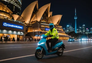 Night-time delivery scooter in Sydney with a view of the Opera House