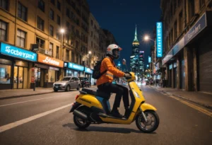 Nang Sydney delivery driver on scooter in Sydney suburb at night