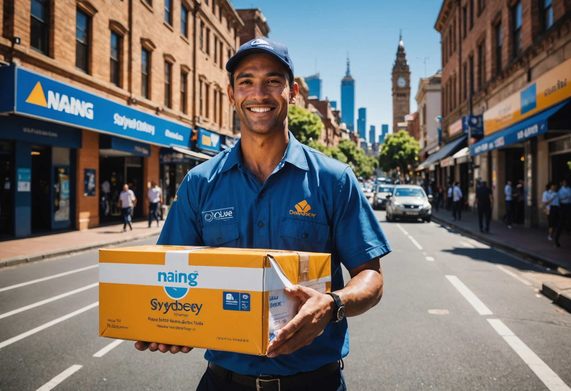 Nang Sydney delivery person in a Sydney suburb with landmarks in the