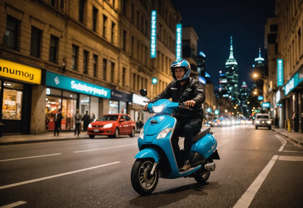 How to Choose the Right Nang Delivery Service in Sydney 1 Delivery scooter on a Sydney street at night, showcasing fast and reliable