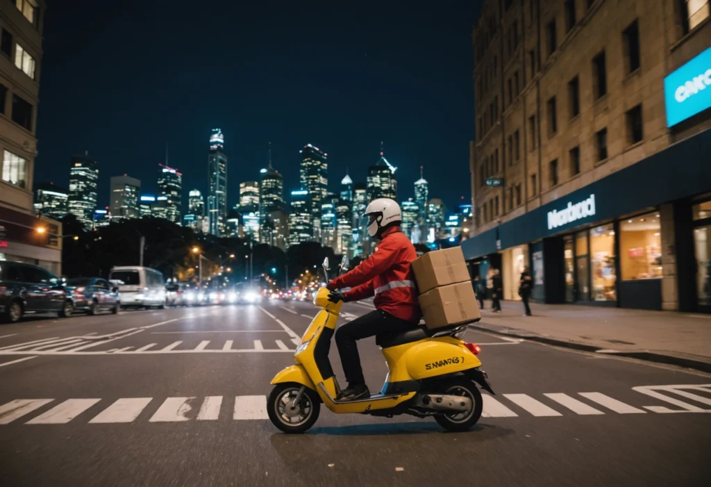 Maximizing Convenience with Nang Sydney's 24/7 Delivery Service 37 A delivery scooter racing through a lively Sydney street at night with