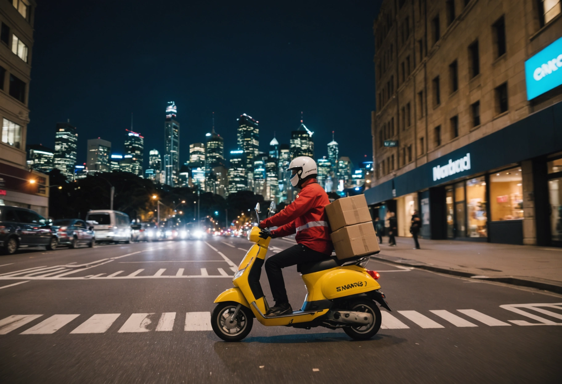 A delivery scooter racing through a lively Sydney street at night with