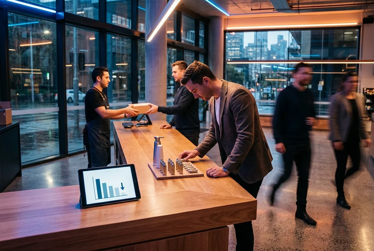 Why Nang Sydney is the Leading Choice for Cream Chargers Delivery 1 Customer compares cream chargers at stylish Sydney delivery counter, highlighting affordability.