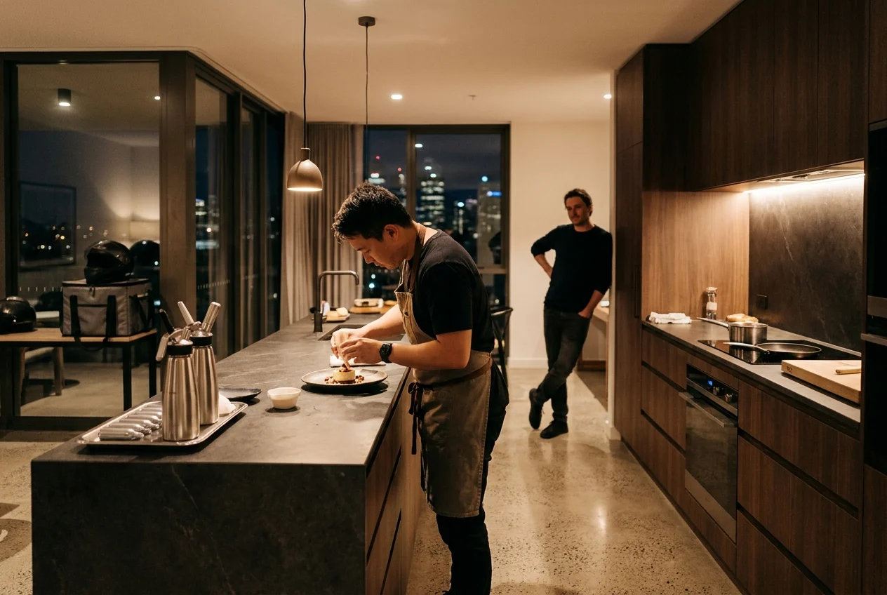 Home baker prepares dessert with cream chargers in a modern Sydney kitchen