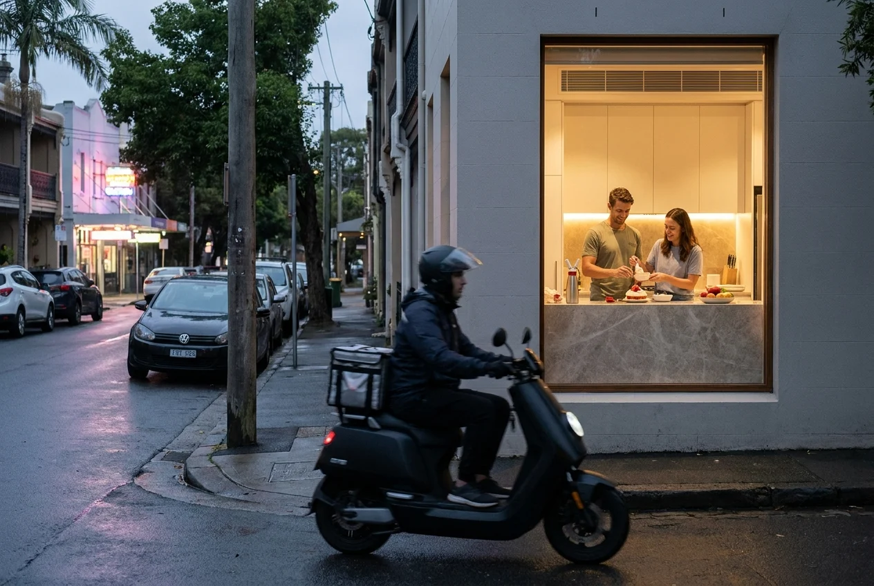 Delivery rider on a quiet Sydney street; couple prepares dessert indoors