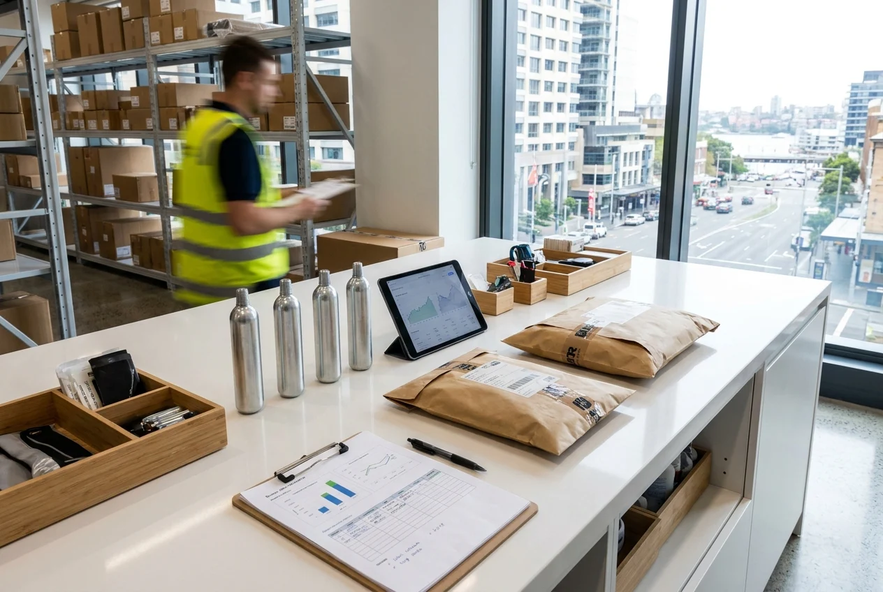 How Nang Sydney Enhances Your Cream Charger Ordering Experience 2 Modern logistics workspace with cream chargers and delivery parcels