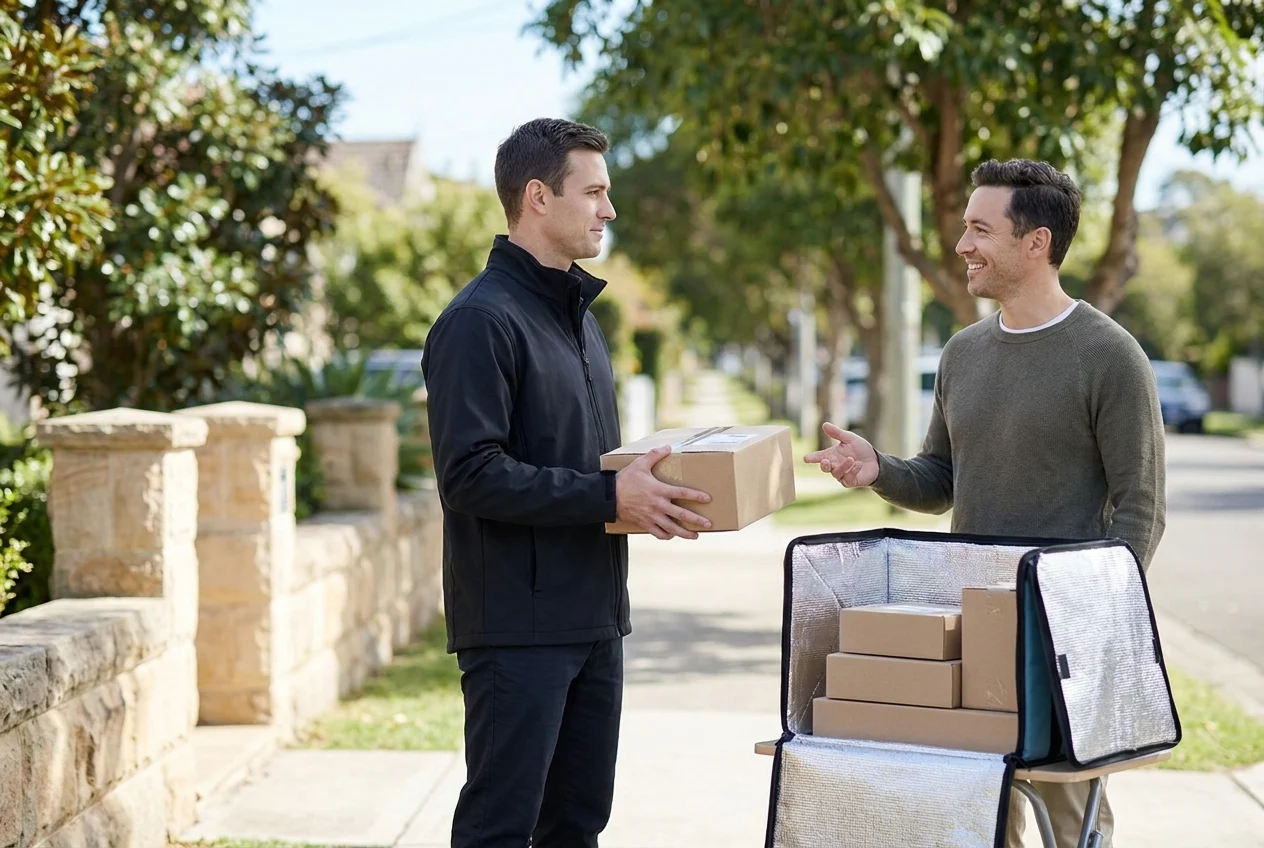 Delivery professional and customer with organized bag in Sydney suburb