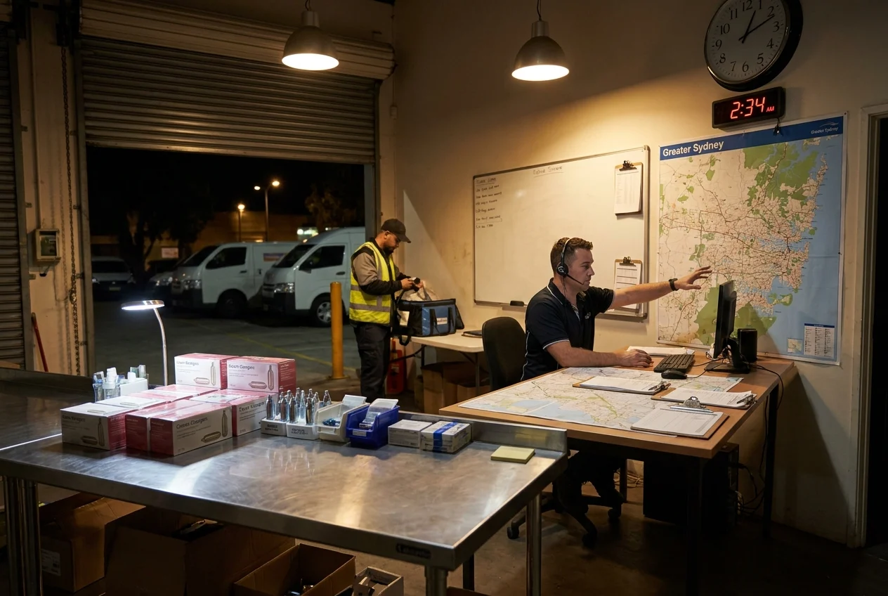 Dispatcher coordinates orders in a Sydney delivery hub; courier prepares