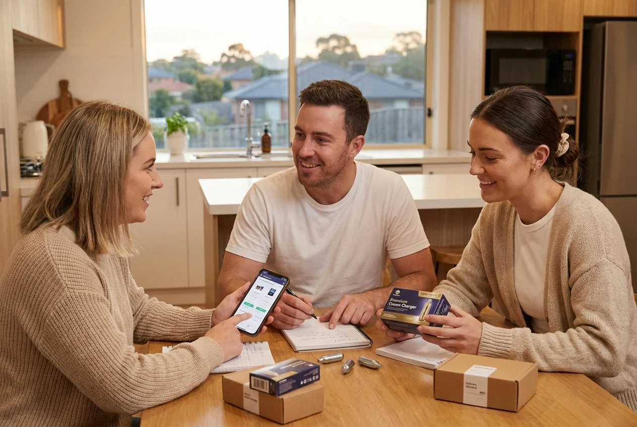 Sydney locals comparing nang delivery options at a kitchen table