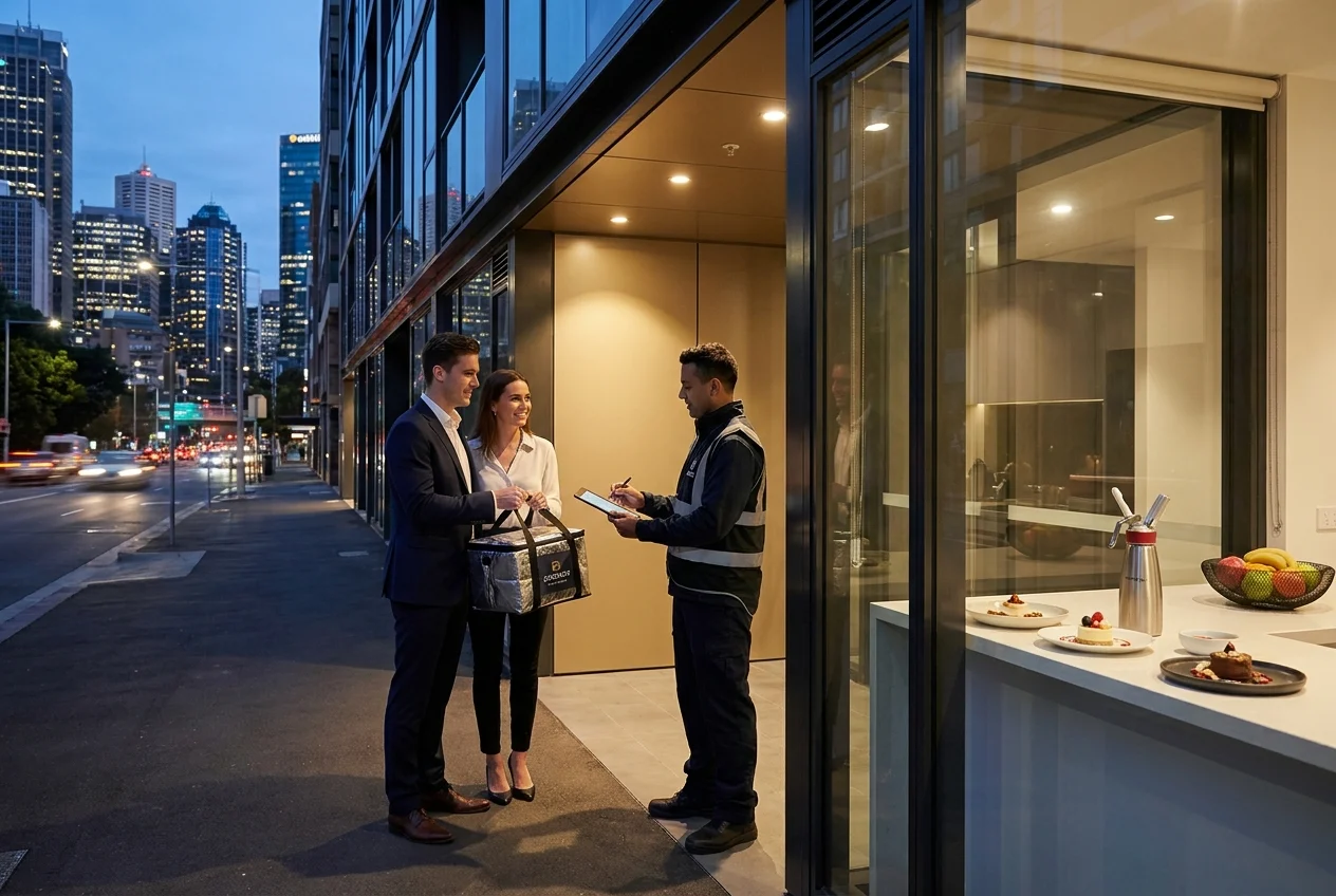 The Ultimate Guide to Ordering Nangs in Sydney for New Customers 2 Young couple receiving nang delivery near modern Sydney apartment entrance