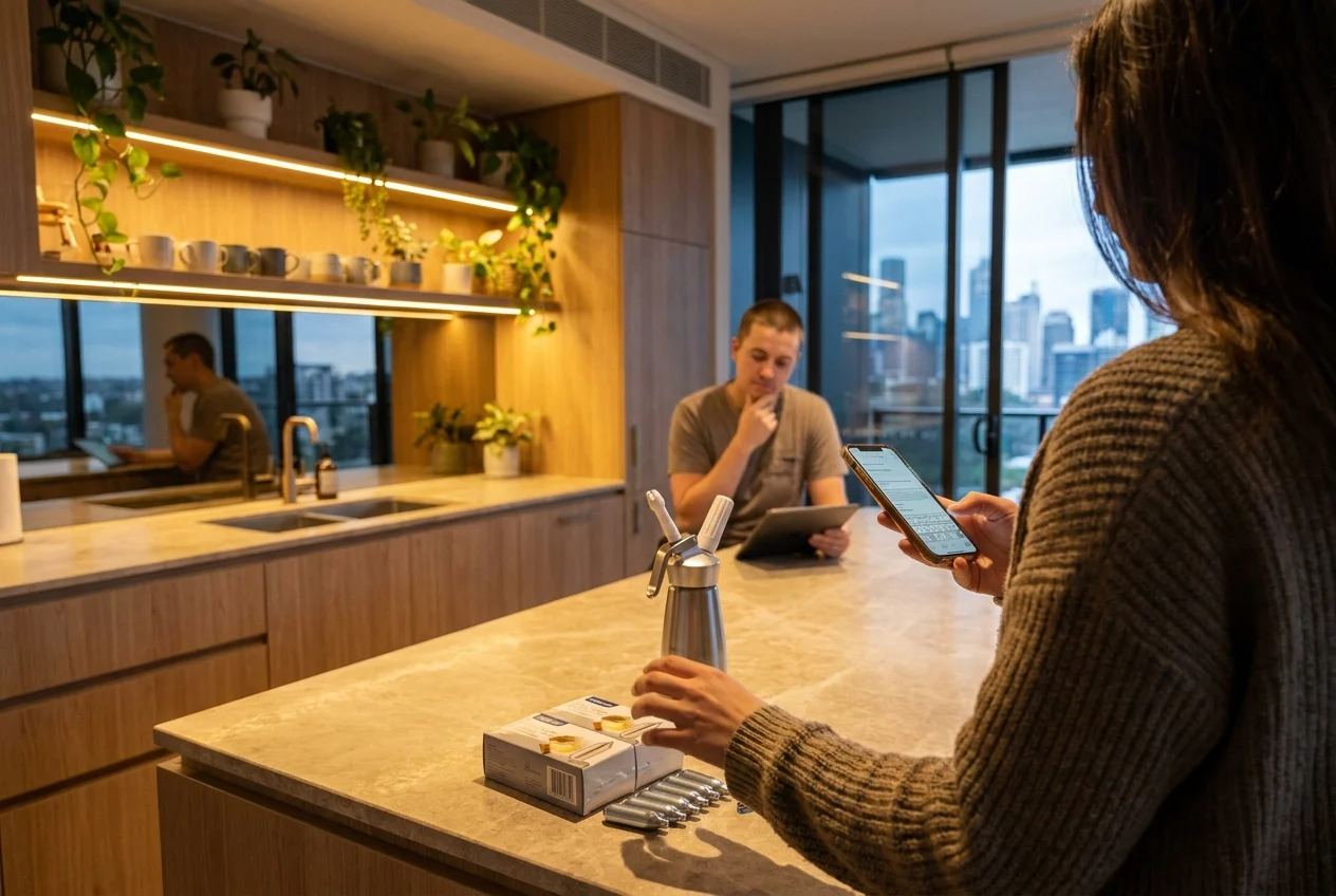 Person comparing nang delivery options on phone in Sydney kitchen
