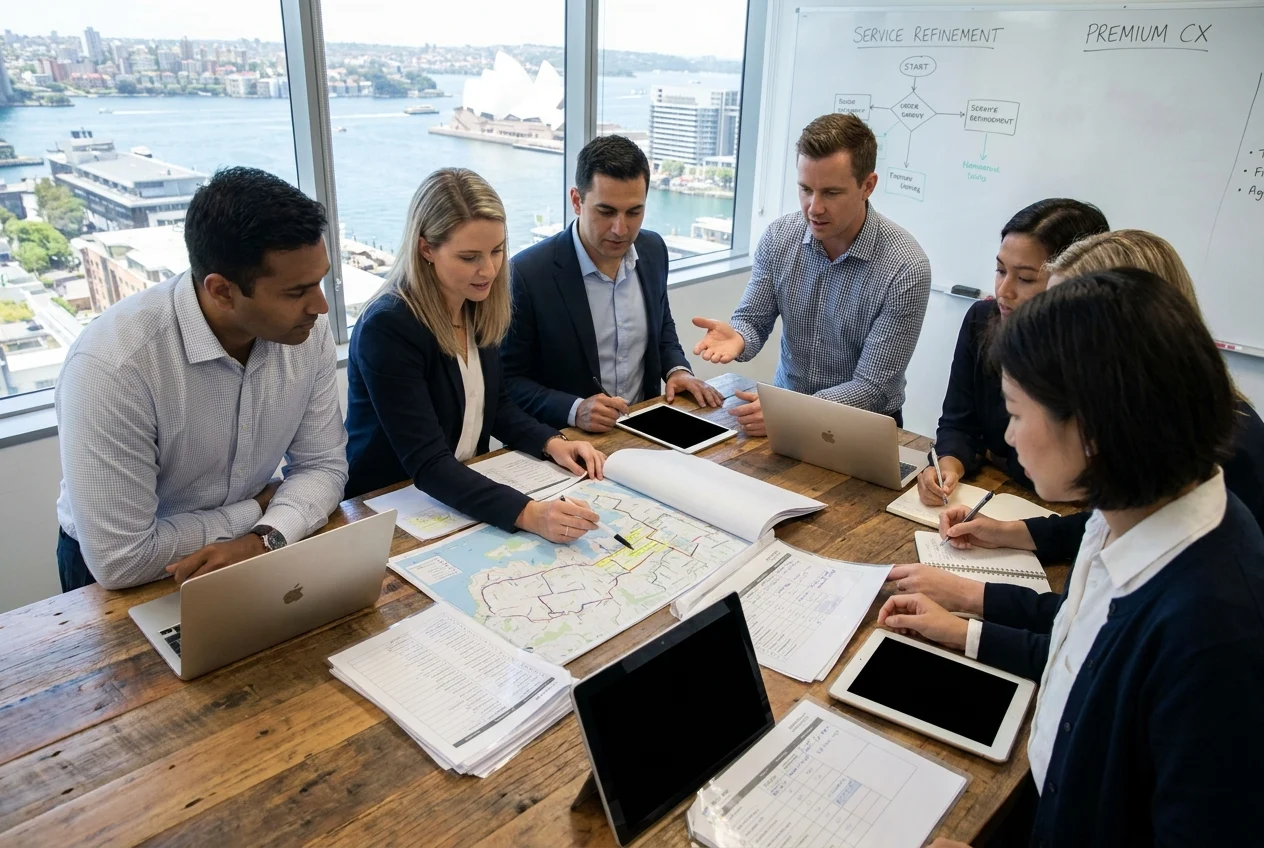 Team analyzing delivery performance with maps and notes in Sydney workspace