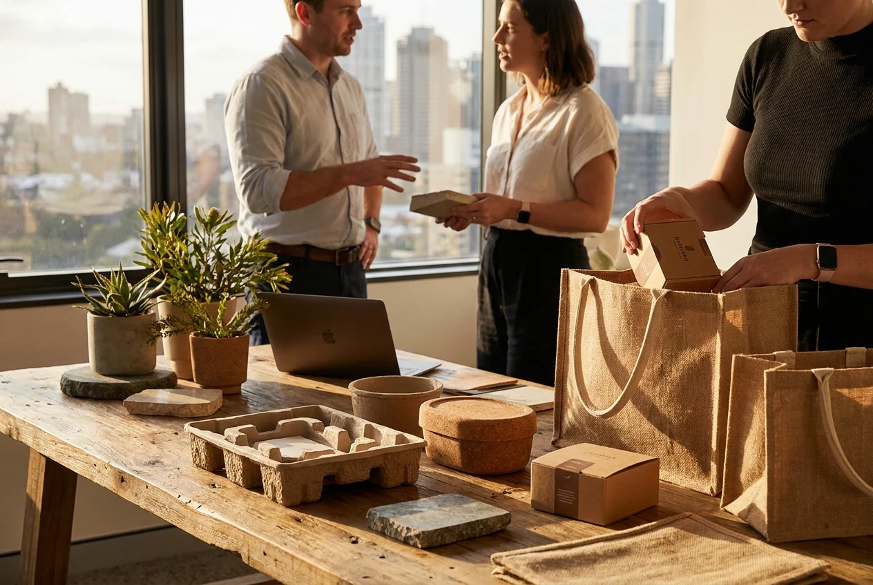 Top Tips for Finding 24/7 Nang Delivery Services in Sydney 2 Eco-friendly nang packaging with people discussing sustainability in modern setting.