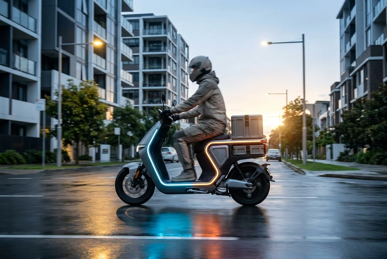 Why Fast 24/7 Nangs Delivery is Essential for Sydney Residents 2 Electric scooter delivering nangs through rainy Sydney street at dawn