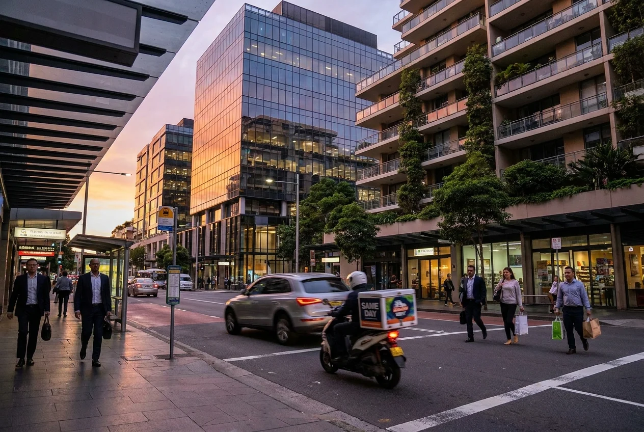 North Shore streetscape with office towers, apartments, and delivery scooter.