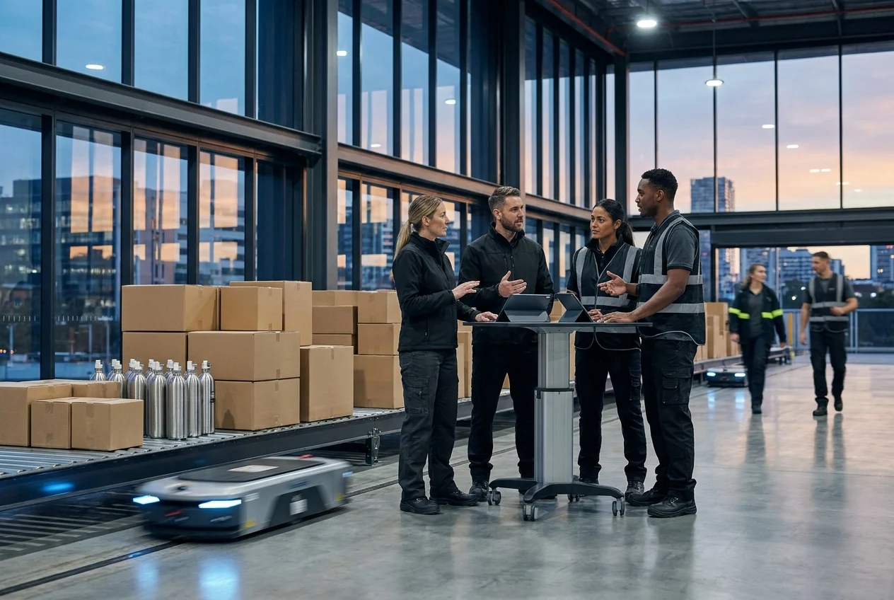 24/7 Nangs Delivery in Sydney: What You Need to Know 2 Team discussing logistics improvements beside delivery packaging and cream chargers