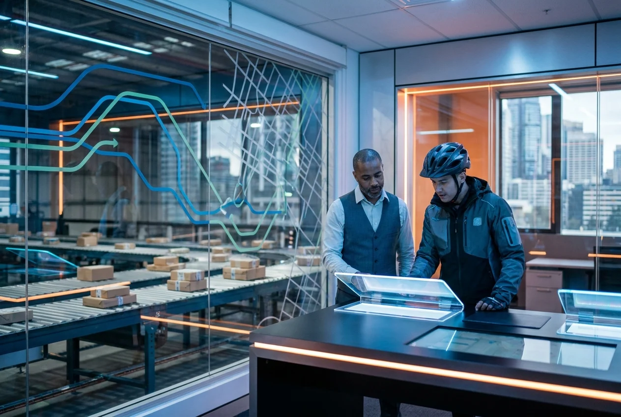 How Nang Sydney Ensures Fast and Reliable Delivery Across All Sydney Suburbs 1 Dispatch coordinator and delivery rider collaborate in modern Sydney operations space.
