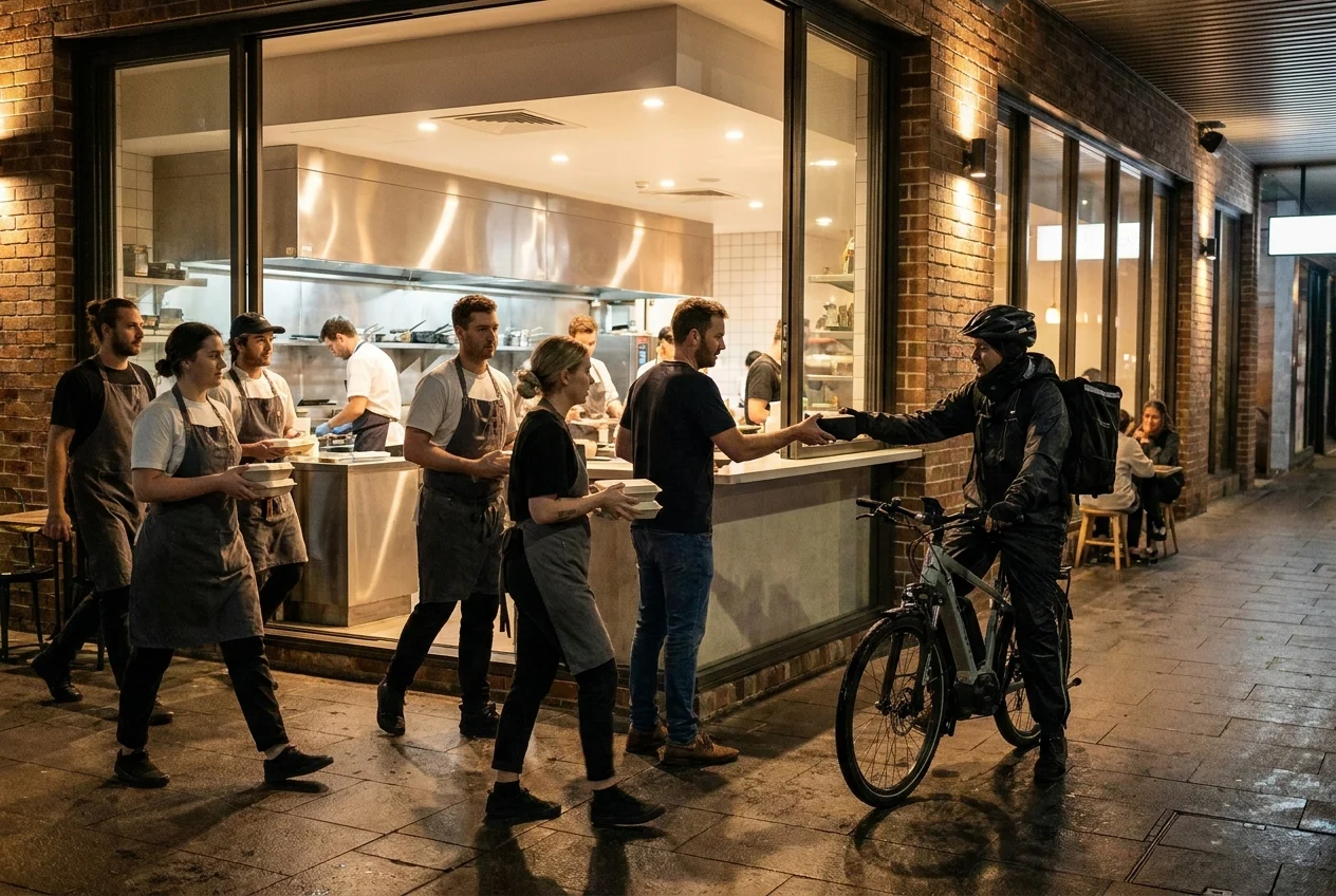 Late-night scene in Newtown with chefs and delivery rider outside café