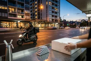 Delivery rider on scooter in urban Sydney street at night
