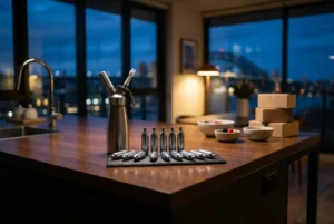Modern kitchen with cream-whipping setup and city view at dusk