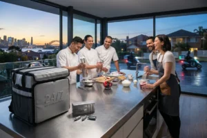 Sydney kitchen scene with chefs preparing desserts and delivery bag