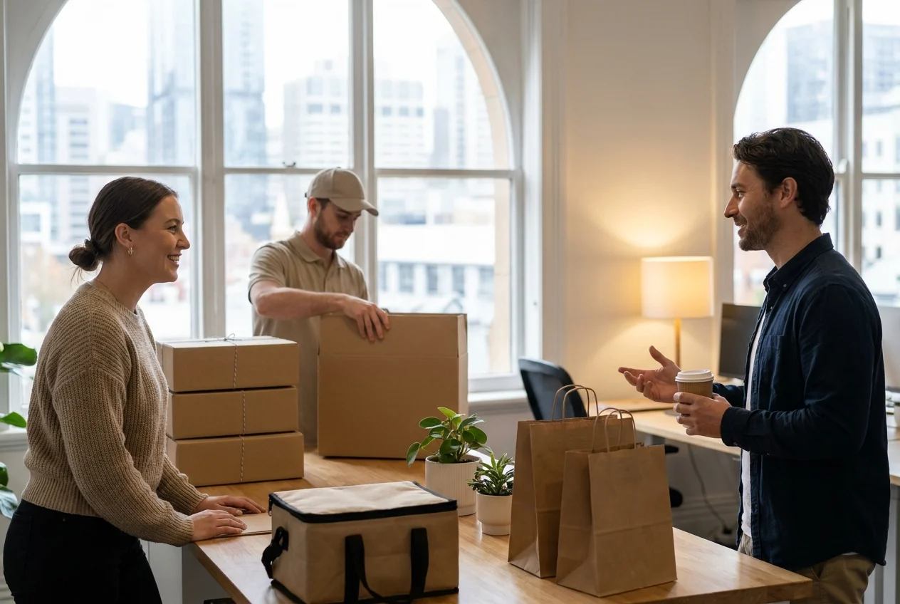 Customer service interaction in Sydney workspace with courier preparing order