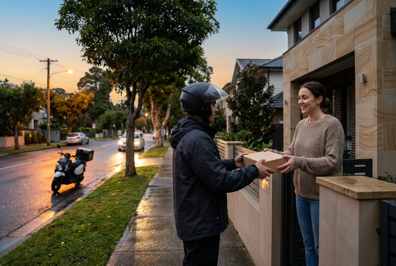 Courier hands discreet package to customer at Sydney doorstep during dusk.