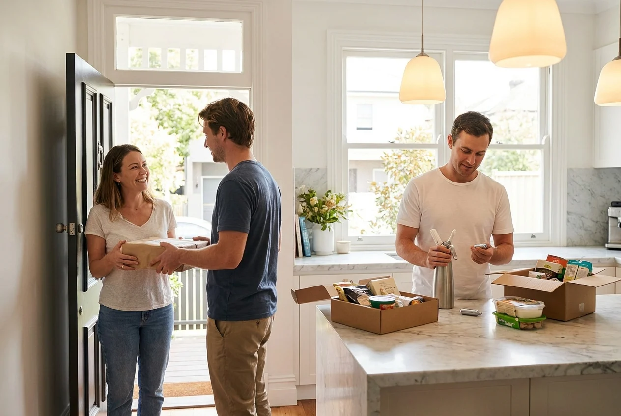 How Nang Sydney Ensures Fast and Reliable Delivery Across All Sydney Suburbs 2 Customer receives delivery in bright Sydney home, kitchen in background.
