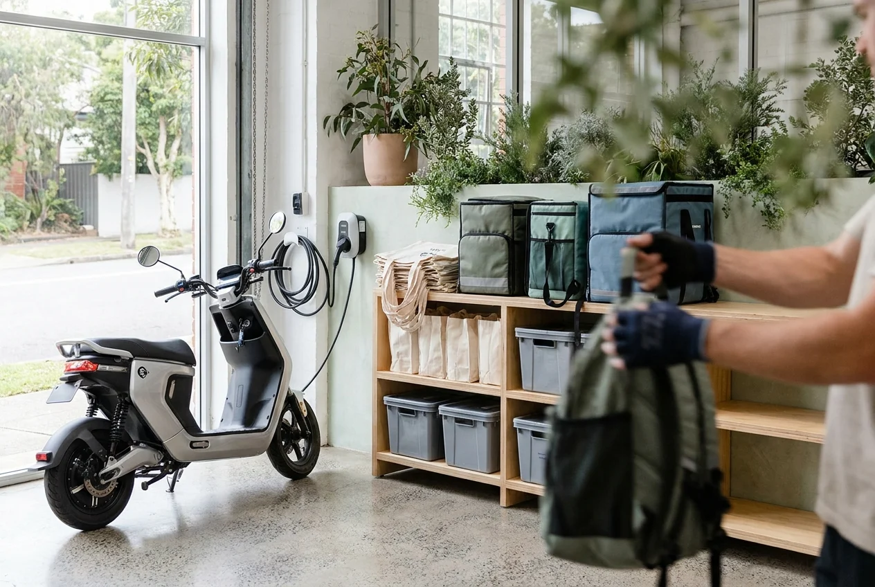 Electric scooter and reusable bags in organized Sydney delivery workspace.