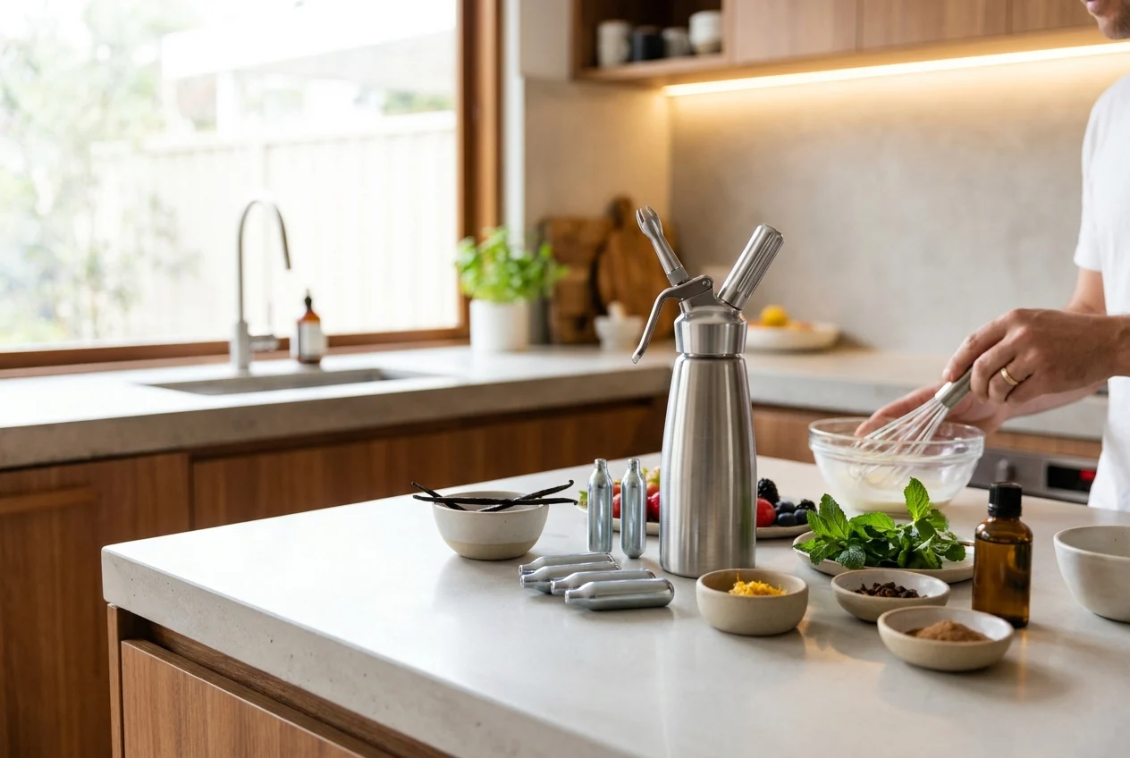 Stainless steel whipped cream dispenser in a clean Sydney kitchen workspace