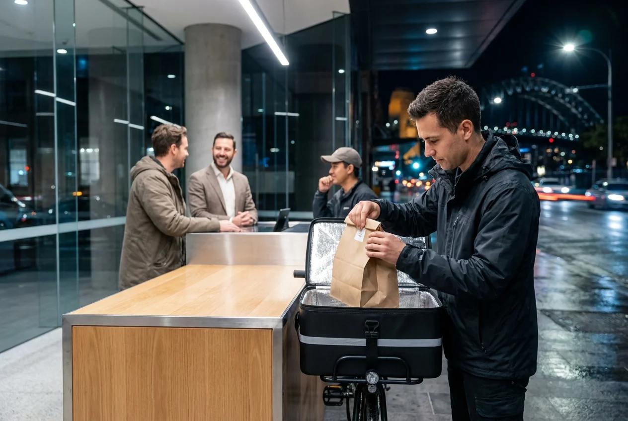 Rider prepares order as customer interacts with staff in delivery hub