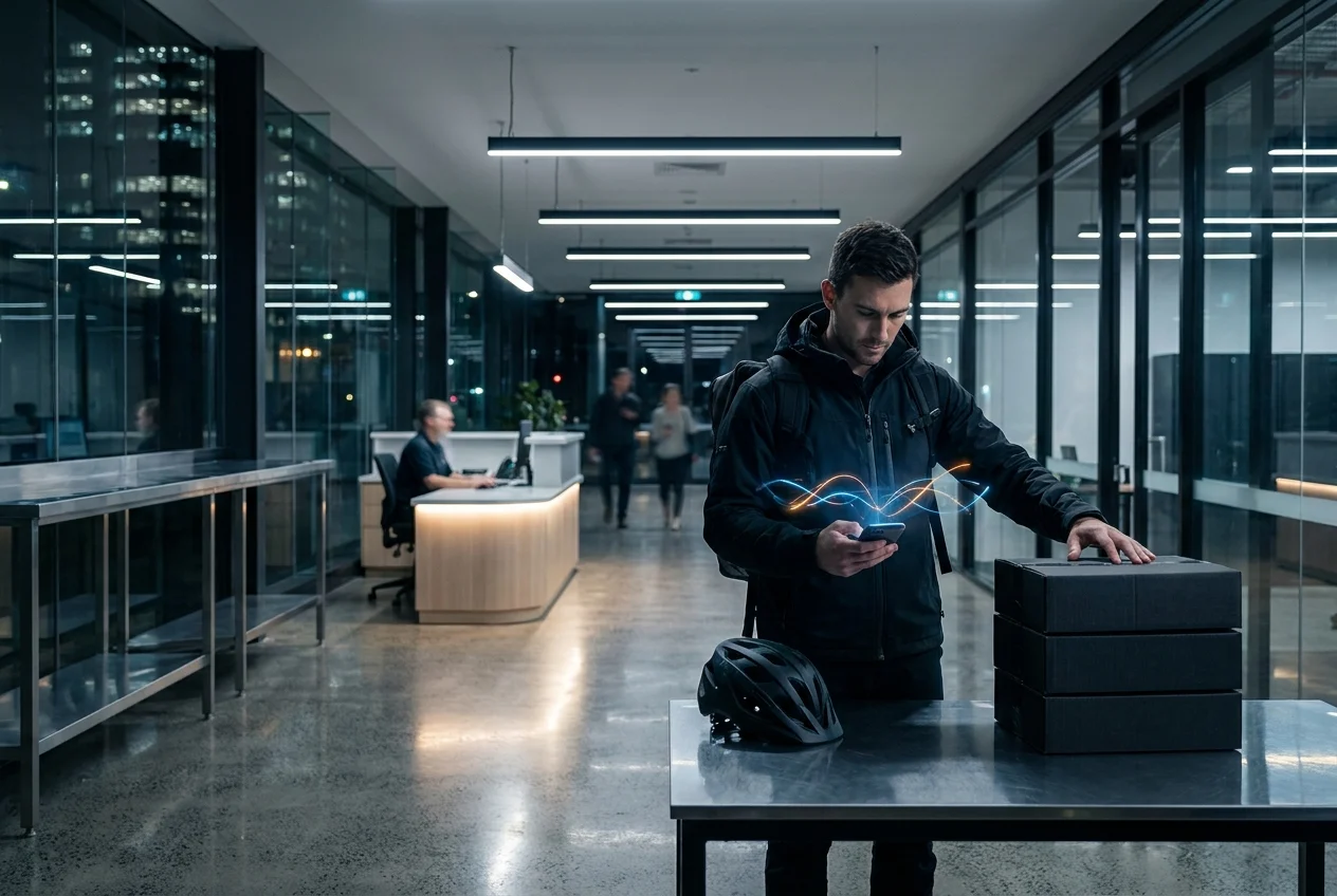 Courier in sleek Sydney dispatch with glowing phone and delivery packages