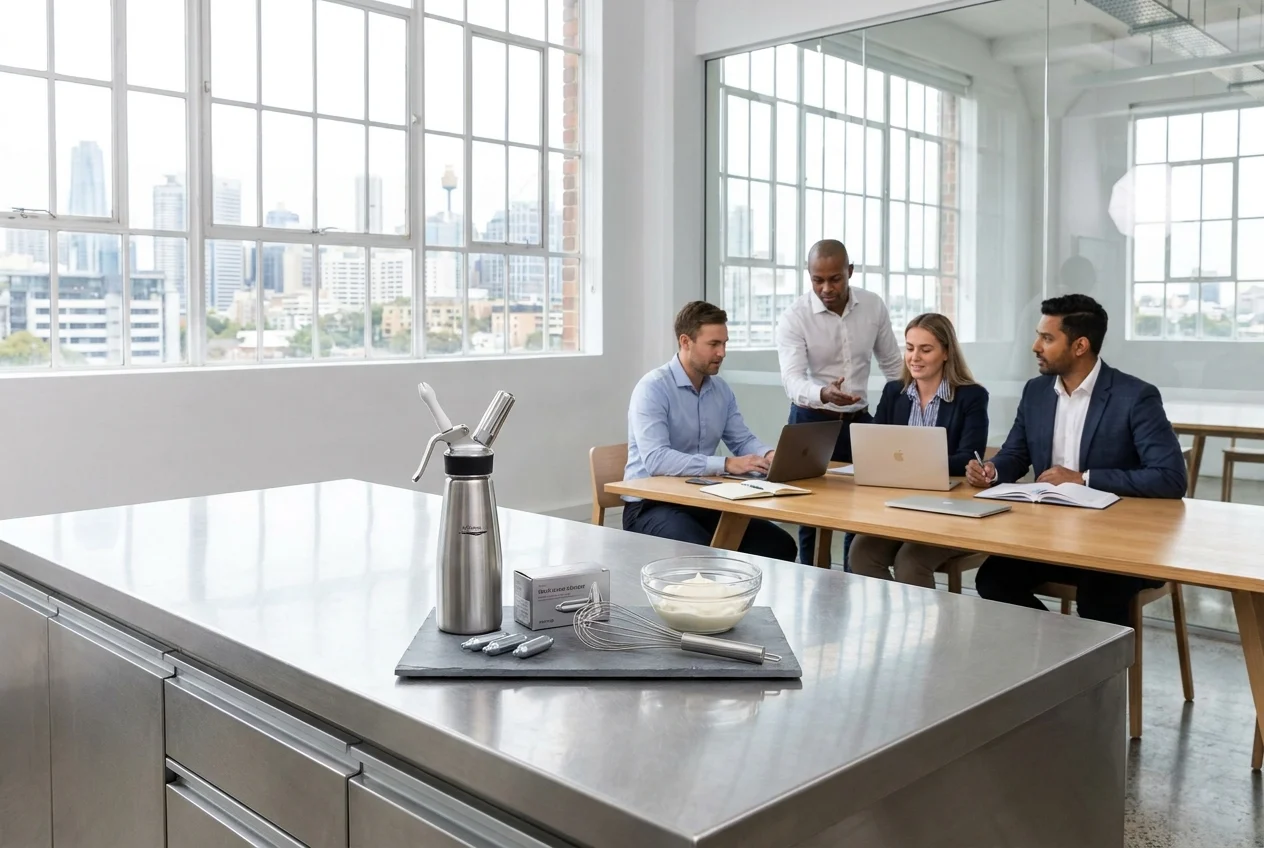 Modern workspace with cream chargers and team collaboration