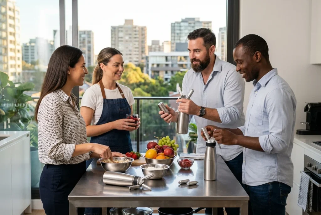 Team collaborating in a modern kitchen with cream chargers and desserts