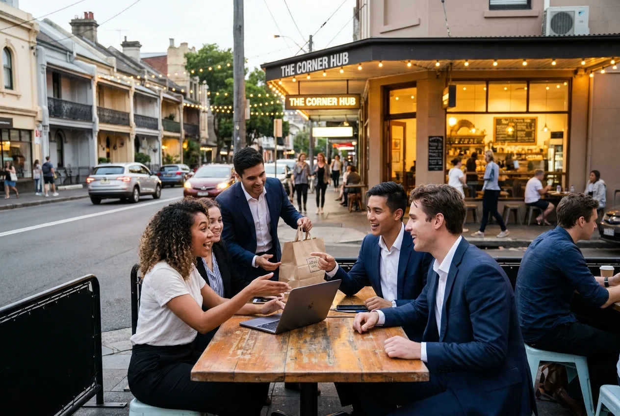 Young professionals collaborating on a lively Sydney street-side setting