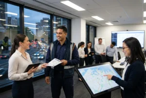 Sydney logistics team collaborating in a modern dispatch hub