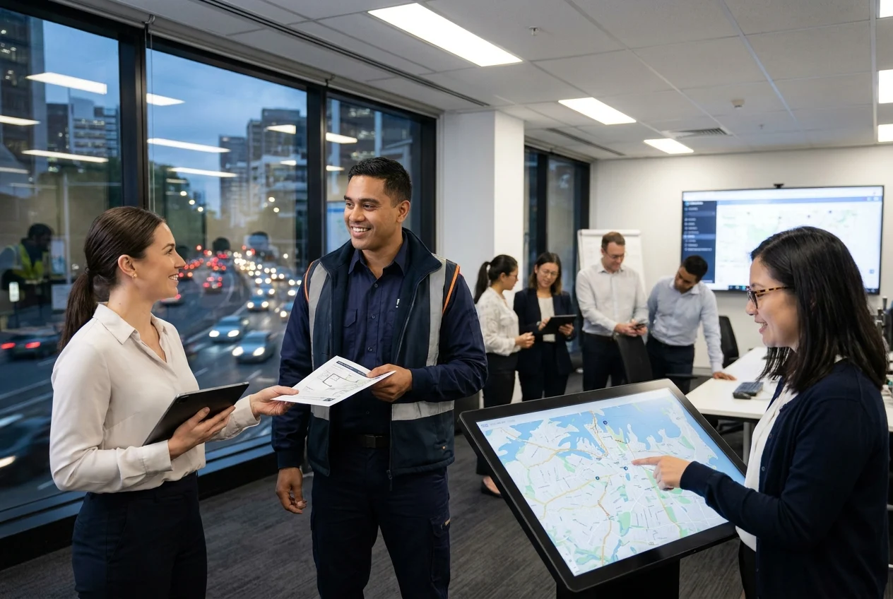 Sydney logistics team collaborating in a modern dispatch hub