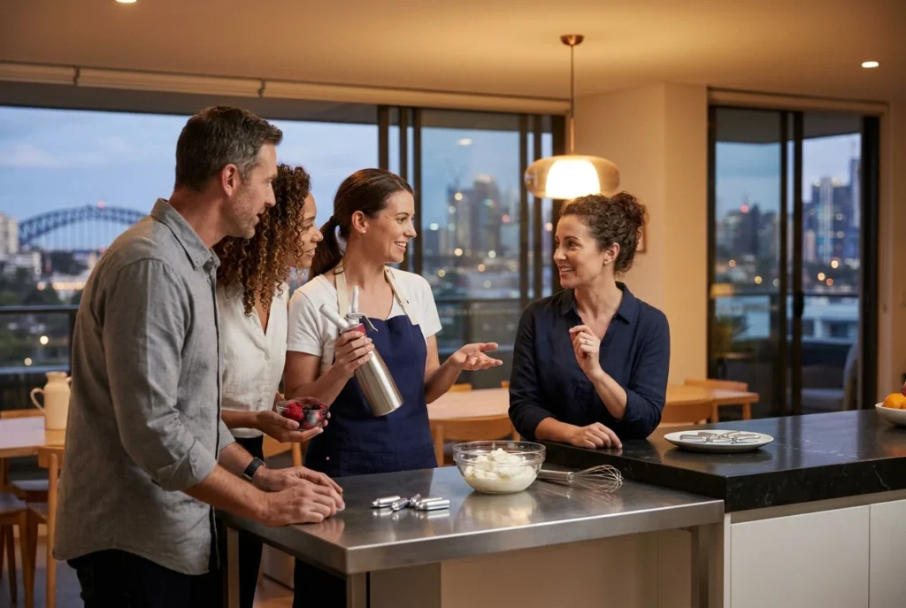 Adults preparing whipped cream with cream chargers in a Sydney kitchen