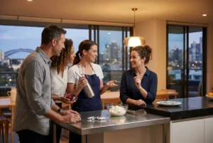 Adults preparing whipped cream with cream chargers in a Sydney kitchen