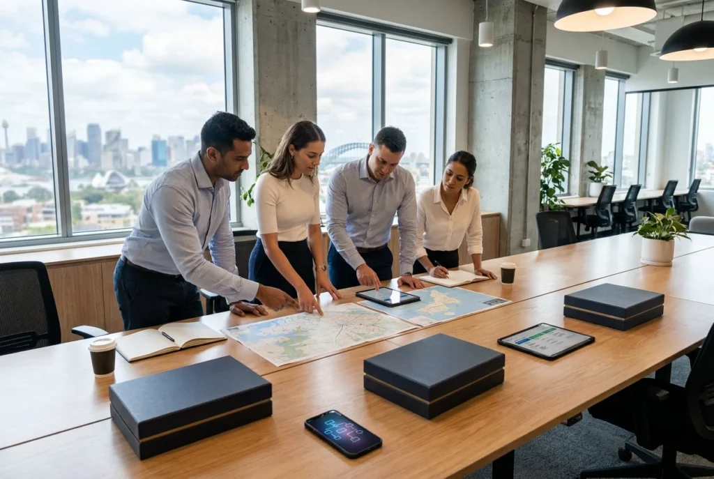 Diverse team collaborating in a modern Sydney delivery workspace
