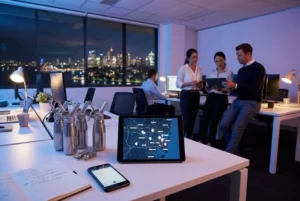 Modern workspace with delivery planning tools and city view at night