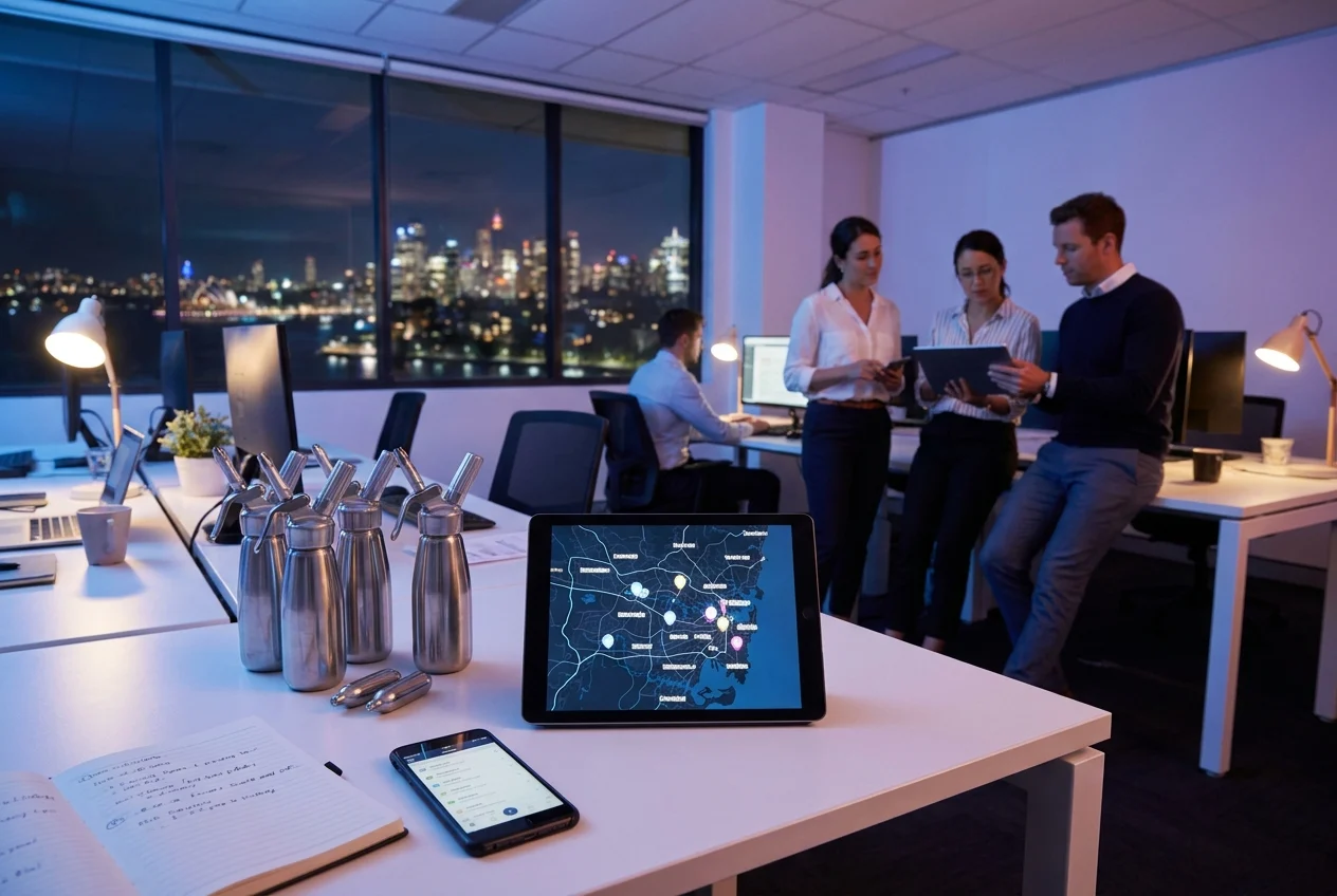 Modern workspace with delivery planning tools and city view at night