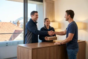 Delivery team and customer exchanging order in apartment entryway