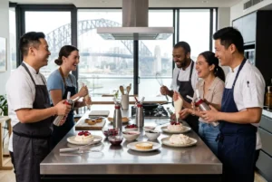 Sydney hospitality professionals preparing desserts in a modern kitchen