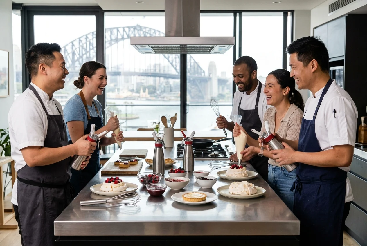 Sydney hospitality professionals preparing desserts in a modern kitchen