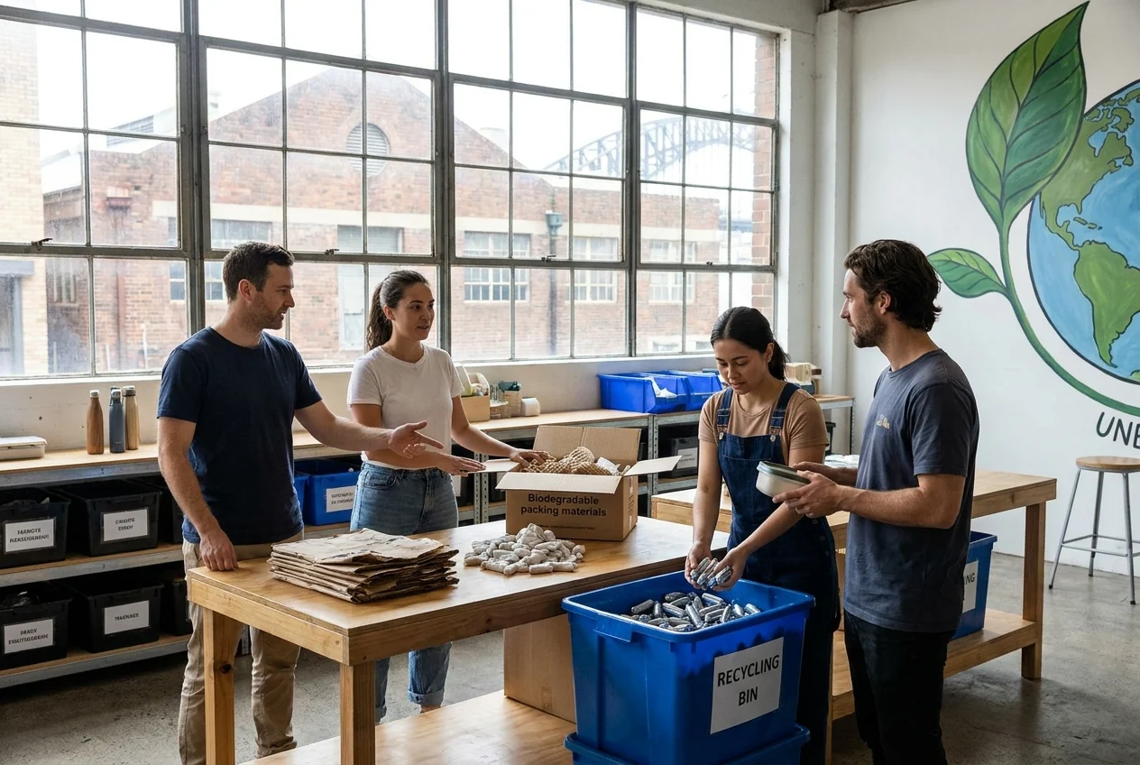Team discussing nang canister recycling in a bright warehouse setting