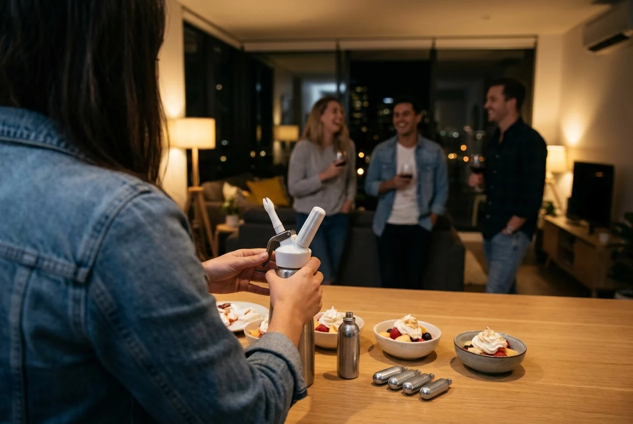 Top Tips for Quick and Easy Nangs Delivery in Sydney 2 Person preparing desserts at a late-night gathering in Sydney home