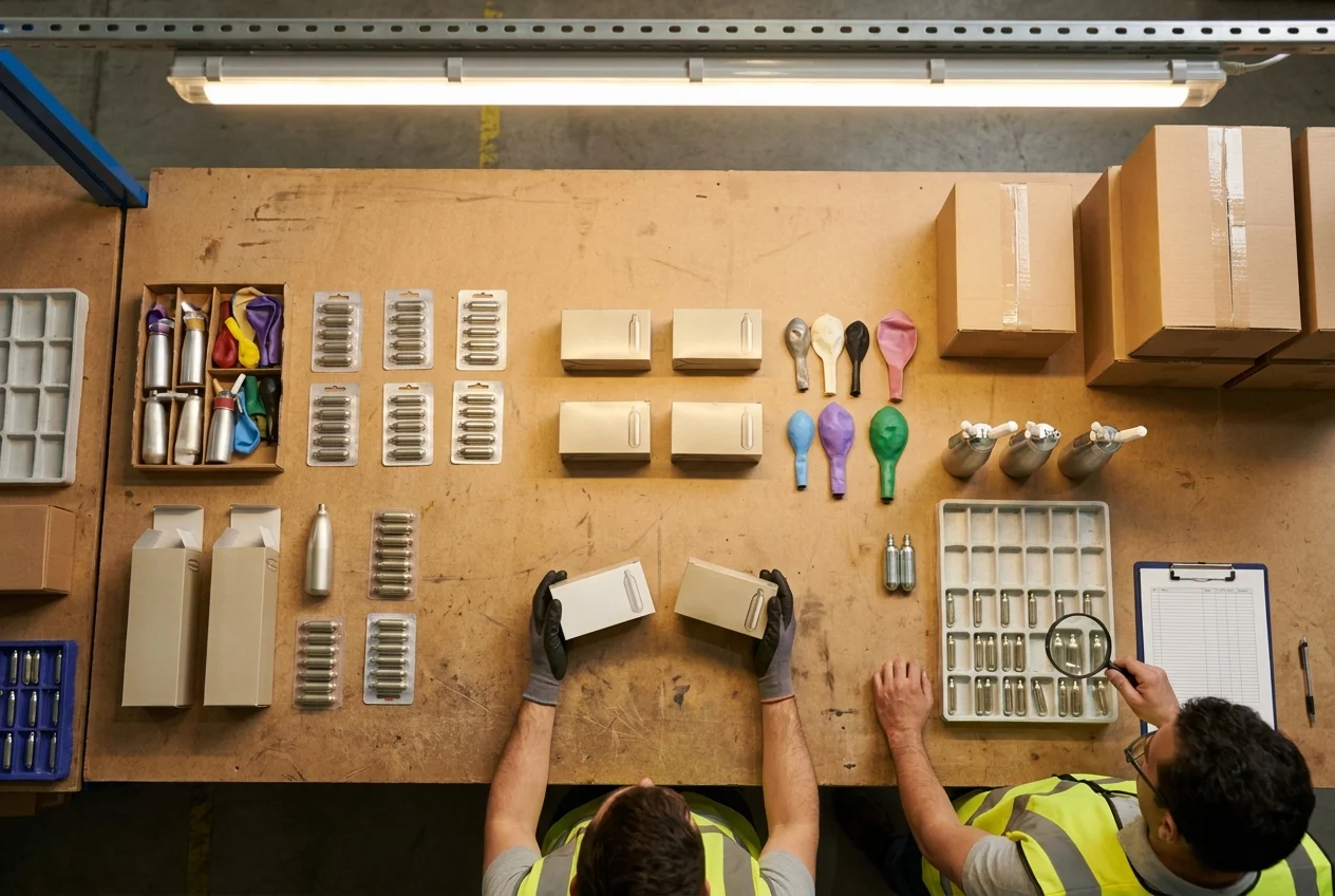 Overhead view of diverse cream charger packs and accessories on a table